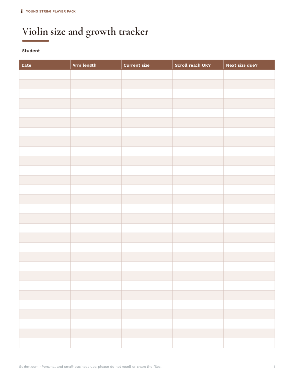 Preview of Printable Violin Size Chart