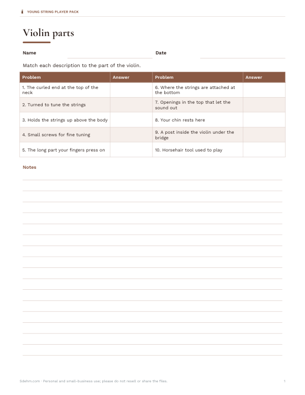 Preview of Printable Violin Parts Worksheet