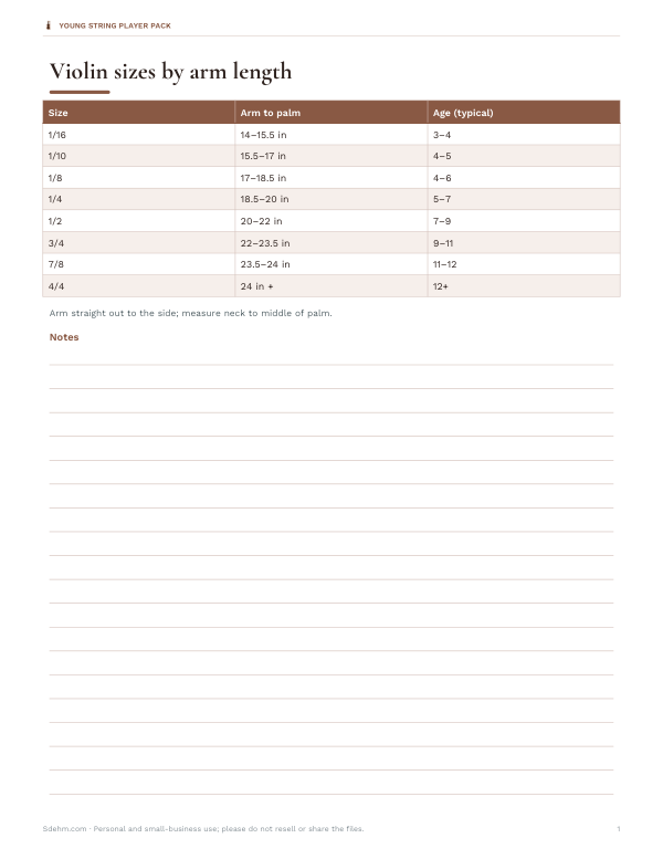 Preview of Printable Violin Size Chart